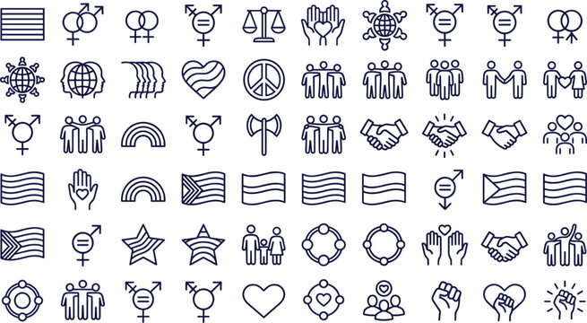 Vector linear icon set featuring human rights diversity and equality symbols including LGBTQ gender signs pride flags peace ribbons and handshake community icons