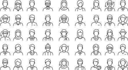 Vector linear icon set featuring diverse professional avatar profile character designs including business people artist scientists and engineers on white background © Khairul