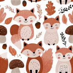 Obraz premium Cute fox pattern with mushrooms and autumn leaves, woodland theme, playful nursery illustration, charming animal design. SEAMLESS PATTERN