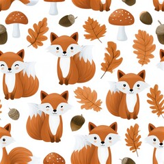 Obraz premium Cute fox pattern with mushrooms and autumn leaves, woodland theme, playful nursery illustration, charming animal design. SEAMLESS PATTERN
