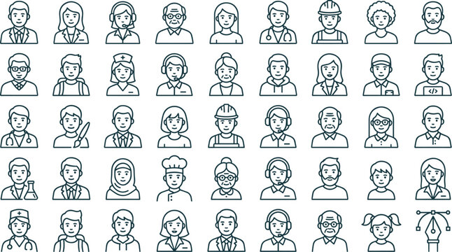 Vector linear icon set featuring diverse professional avatar community profile characters including doctor nurse construction worker chef and customer support agents