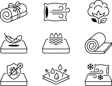 Vector linear icon set featuring mattress properties and bedding textile symbols including organic cotton feather softness anti mite protection and cooling foam