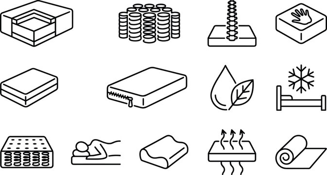 Vector linear icon set featuring mattress structure and bedding properties including pocket springs orthopedic support memory foam and breathable materials