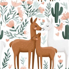 Obraz premium Cute llama pattern with cacti and pastel accents, playful desert theme, nursery illustration, child friendly design. SEAMLESS PATTERN