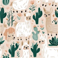 Obraz premium Cute llama pattern with cacti and pastel accents, playful desert theme, nursery illustration, child friendly design. SEAMLESS PATTERN