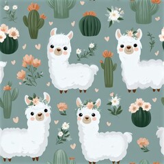 Fototapeta premium Cute llama and cactus pattern in soft pastel tones, playful nursery theme, whimsical animal illustration. SEAMLESS PATTERN