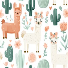 Obraz premium Cute llama and cactus pattern in soft pastel tones, playful nursery theme, whimsical animal illustration. SEAMLESS PATTERN