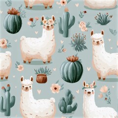 Obraz premium Cute llama and cactus pattern in soft pastel tones, playful nursery theme, whimsical animal illustration. SEAMLESS PATTERN