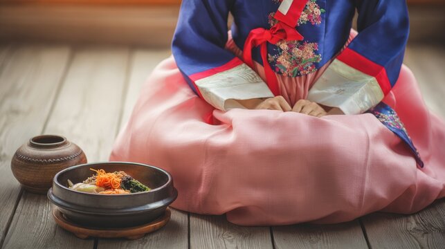 Hanbok sleeve, janggu drum, fan and bibimbap, Korean cultural display
