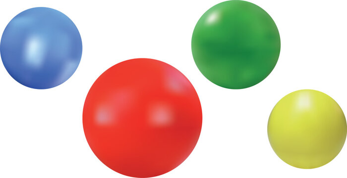 A digital illustration of four shiny balls in blue, red, green, and yellow, arranged on a plain white background with subtle reflections on their surfaces.