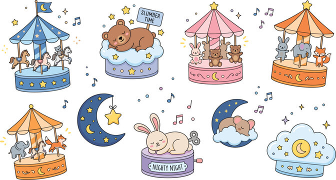 Cute baby music box vector collection with carousel animals sleeping bear bunny and nighty night designs