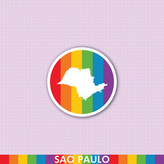 Fototapeta premium Colorful rainbow pride sticker featuring São Paulo state map shape. Great for LGBTQ+ designs, social media, prints and digital art projects.
