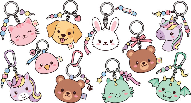 Cute animal keychain and keyring charm set, kawaii plush accessory collection vector cartoon doodle illustration