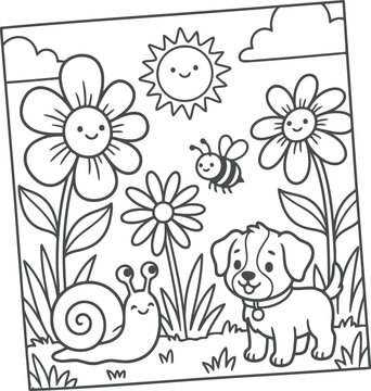 A black and white illustration of a dog, snail, bee, and smiling flowers