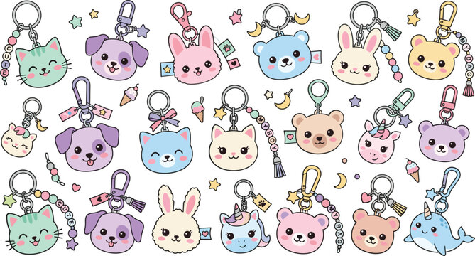 Cute animal keychain and keyring charm set, kawaii plush accessory collection vector cartoon doodle illustration