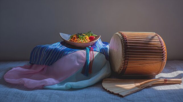 Hanbok sleeve, janggu drum, fan and bibimbap, Korean cultural display
