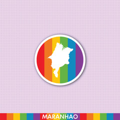 Fototapeta premium Vibrant pride rainbow sticker with Maranhão state silhouette. Great for LGBTQ+ themed designs, prints, cards and creative projects.