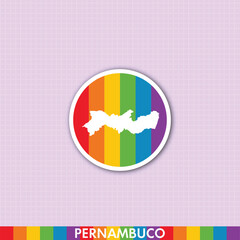 Fototapeta premium Colorful rainbow pride sticker featuring Pernambuco state map shape. Ideal for LGBTQ+ designs, merchandise, prints and digital art.