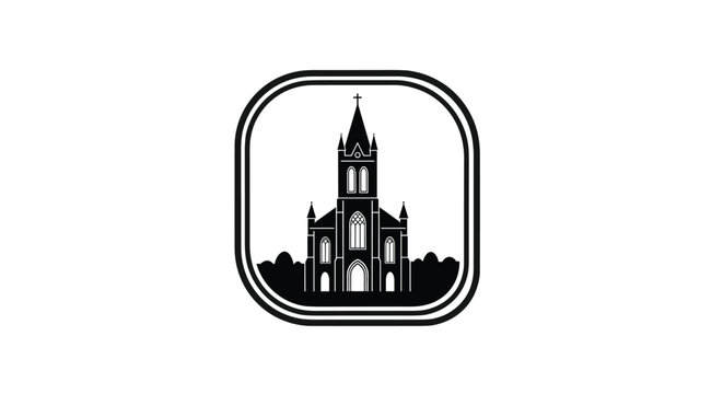 Black silhouette of a large gothic cathedral within a rounded square frame on a clean white background.