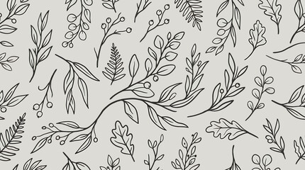 Fototapeta premium An artistic arrangement showcases a hand drawn leaf pattern with various foliage and branches.