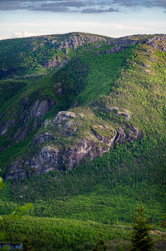 Warm sunset light over wonderful mountains of ZEC des martres and its lush foliage, Dome mountain, Charlevoix, QC, Canada