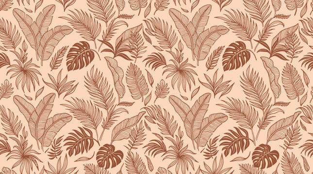A hand drawn leaf pattern featuring various tropical leaves on a beige background.