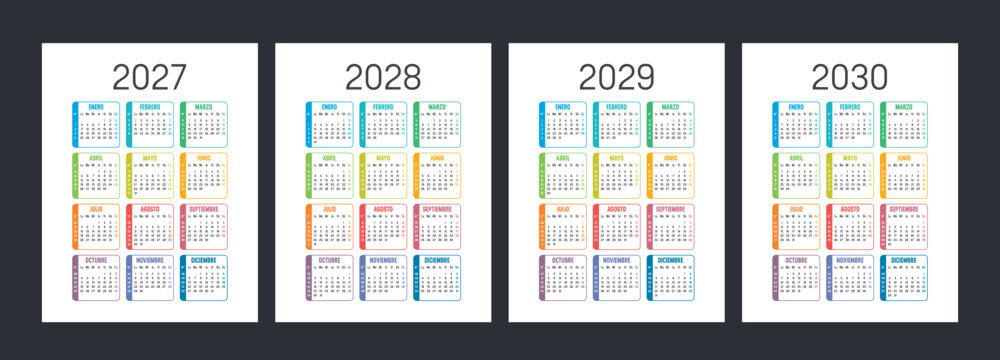 Juego de calendario 2027, 2028, 2029, 2030 espa&ntilde;ol color vectorial con n&uacute;meros de semana, fondo blanco