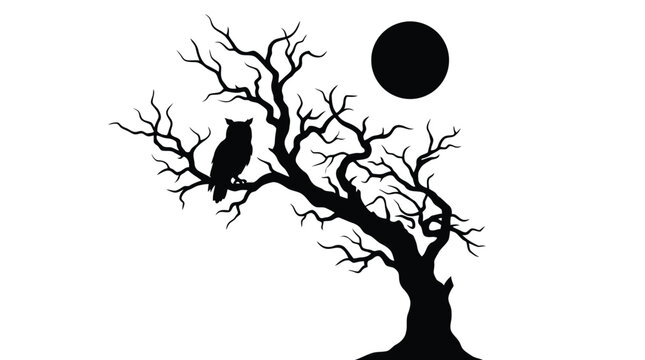Silhouette of owl on bare tree with moon