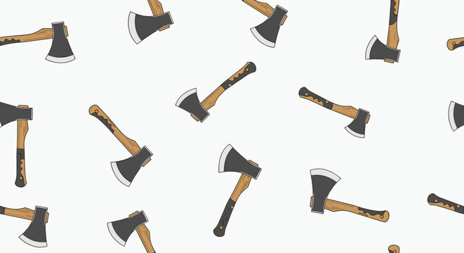 Seamless pattern of traditional woodcutter hand axes with wooden handles and sharp metal blades scattered across a plain white background.