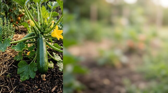 Fresh green zucchini growing in a garden with yellow blossom