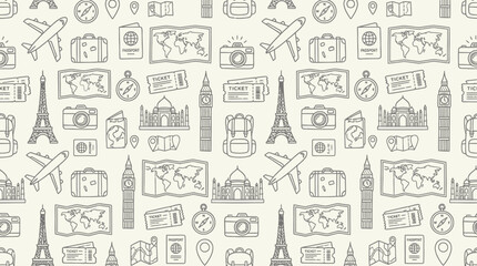 Fototapeta premium Travel icons pattern illustration with landmarks and symbols on cream background