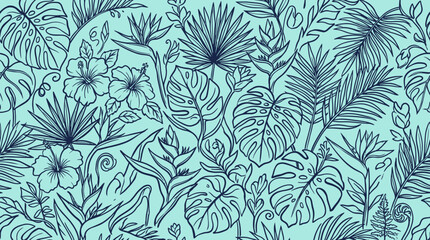 A vibrant hand drawn leaf pattern featuring tropical flowers and foliage on a light blue background. © Crushin