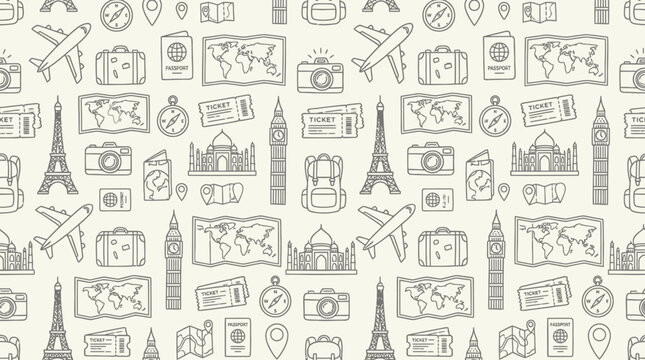 Travel icons pattern illustration with landmarks and symbols on cream background