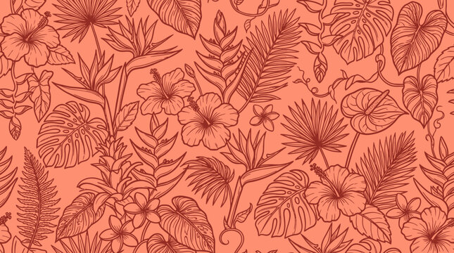 A hand drawn leaf pattern featuring various tropical flowers and foliage on a peach background.