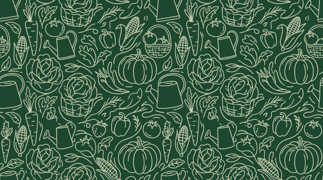 A dark green background showcases a repeating pattern of various plants and pumpkins in light green.