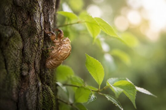 Empty cicada shell on tree bark with green leaves, symbolic transformation in soft morning light.
