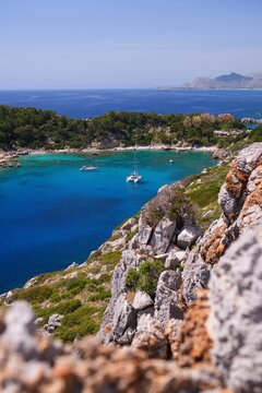 Anthony Quinn Bay in Rhodes island in Greece. Faliraki coast landscape in sunny weather. Greek Island.