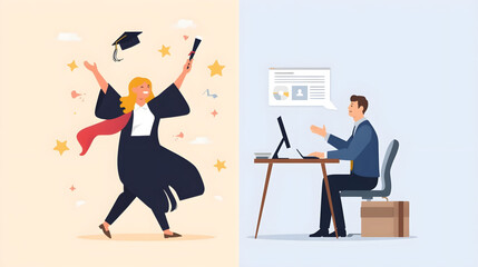 Fototapeta premium Graduate celebrates with a happy expression while a professional works on a computer