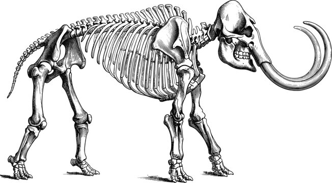 Vintage engraving of a prehistoric mammoth skeleton illustration with large tusks isolated on white background