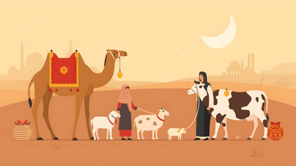 Naklejka premium People walk with camel and cow across desert landscape with crescent moon