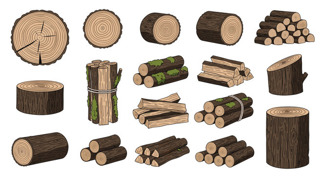 Diverse collection of wood logs lumber and firewood piles showing various cuts textures and stacks for industry.