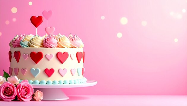 colourful brithday cake with love hearts on pink background delicious