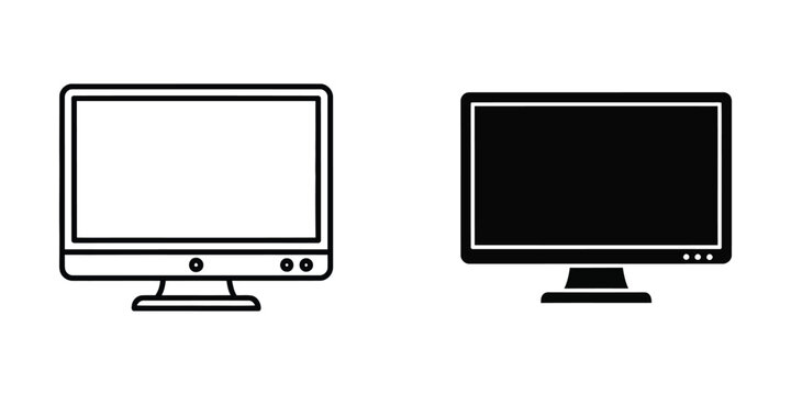 Desktop computer monitor screen set in outline and solid black styles for digital display and office hardware