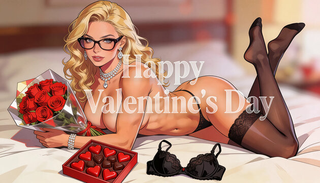 Biglietto di San Valentino con una donna in lingerie nera che tiene un mazzo di fiori e dei cioccolatini, Valentine's Day card with a woman in black lingerie holding a bouquet of flowers and chocolate