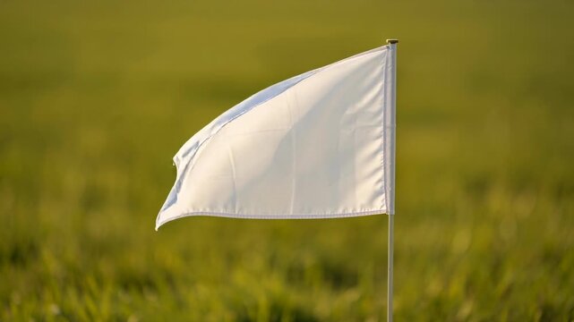 White flag waving on green grass field symbolizing peace surrender or truce outdoors
