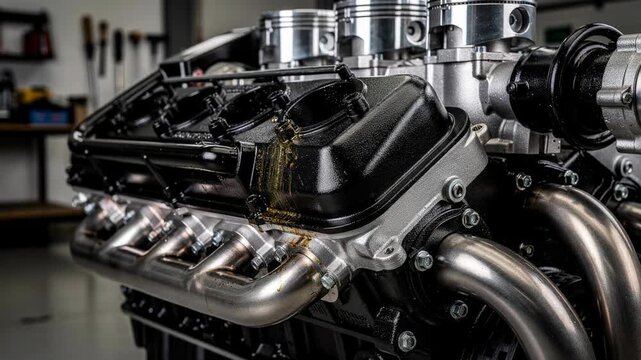 High performance car engine close up with shiny metal exhaust pipes and mechanical components in workshop