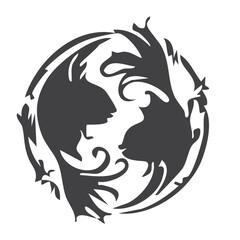Obraz premium Yin Yang Dragon Circle Symbol Black White Line Art Illustration