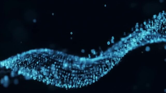 Abstract blue binary code wave flowing through dark cyberspace