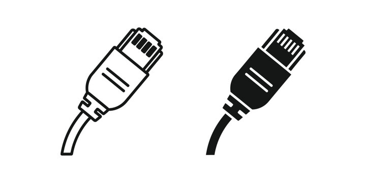 Ethernet network cable connector set in outline and solid black styles for internet data transfer hardware