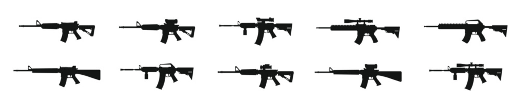 Weapons silhouette set. Firearms silhouettes. Weapon vector icons